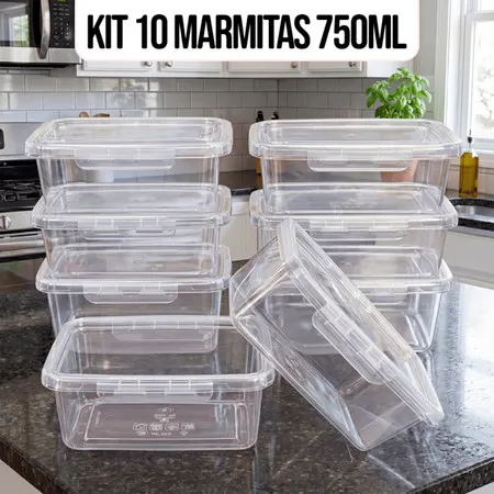 10 Unidades de  Marmitas 750ml Travas Laterais hermeticas Livres de BPA Alimentos organizar congelador - KAZIVA