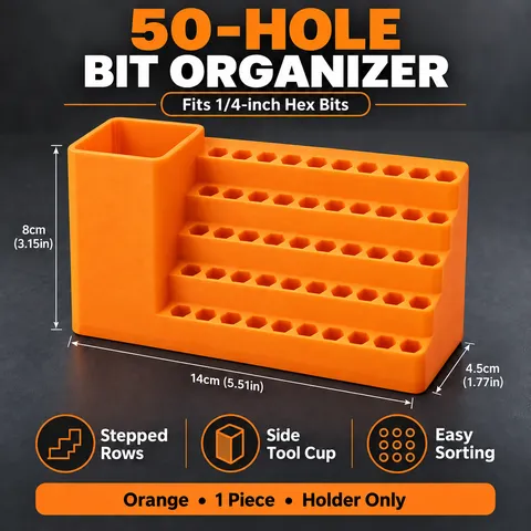 Suporte para pontas de chave de fenda com 50 orifícios, cor laranja, organizador de pontas hexagonais de 1/4 de polegada, prateleira de armazenamento em plástico com compartimentos e recipiente lateral para ferramentas.