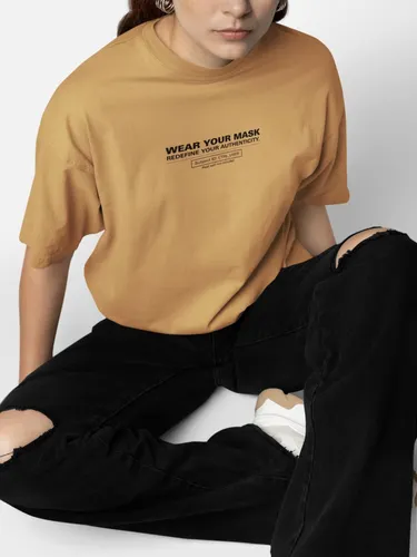 Camiseta Oversized Feminina Estampada Authenticity Streetwear Premium Bege