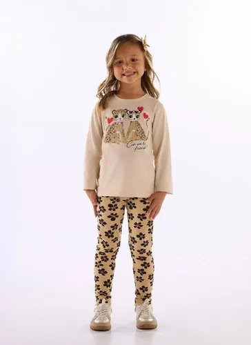 Conjunto menina com blusa estampada e legging floral Bege