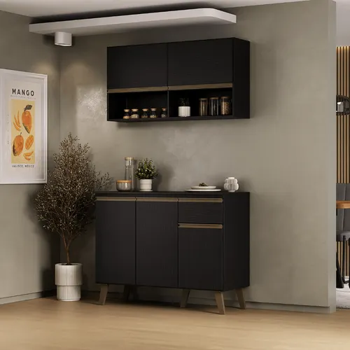 Armário de Cozinha Compacta Atlanta Olive Carraro Preto Touch