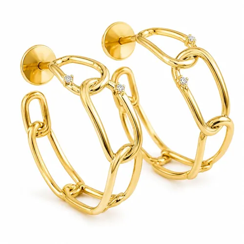 Brinco Argolas Laçadas 2,5 cm com 4 Diamantes em Ouro 18K