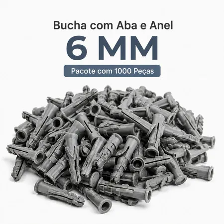 Kit 1000 Buchas Plásticas 6mm com Aba Anel para Fixação em Parede