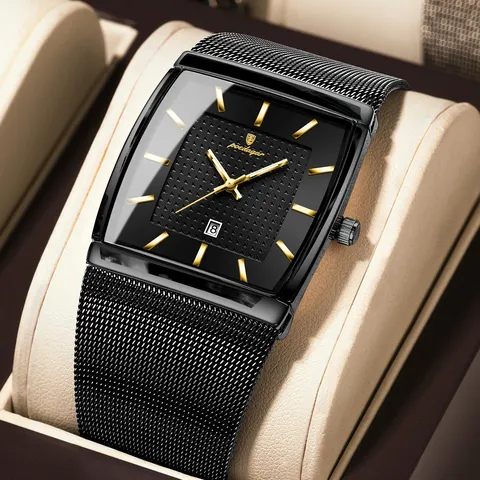 Poedagar topo de luxo relógio de pulso masculino à prova dwaterproof água luminosa malha aço inoxidável data homem relógio moda negócios quartzo relógios masculinos