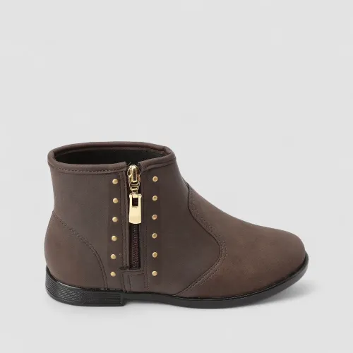 Bota Infantil Molekinha Cano Curto Zíper Detalhe Rebite Marrom