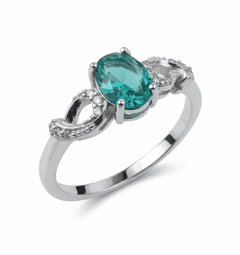 Anel 7 mm Prata Oval com Laterais Vazadas e Zircônia Esmeralda