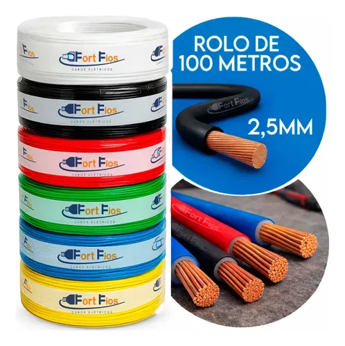 Fio Elétrico 2,5mm Preto Cabo Flexível Rolo com 100m Metros 750v Antichamas