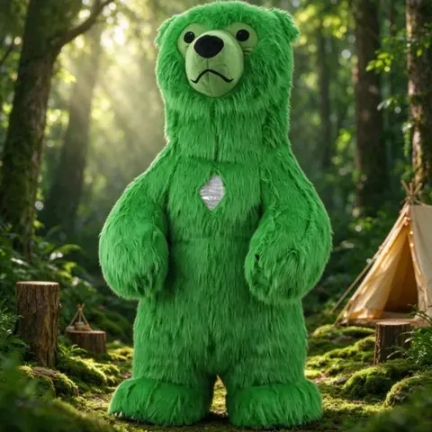 Fantasia de Mascote Inflável de Urso Verde Peludo, Traje Adulto Vestível para Carnaval, Apresentações e Festas de Casamento