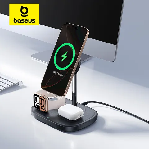 Baseus, carregador sem fios 3 em 1 de 20 W, com suporte, carregamento rápido magnético de 15 W para iPhone 17, 16, 15, 14, 13, AirPods e Apple Watch.