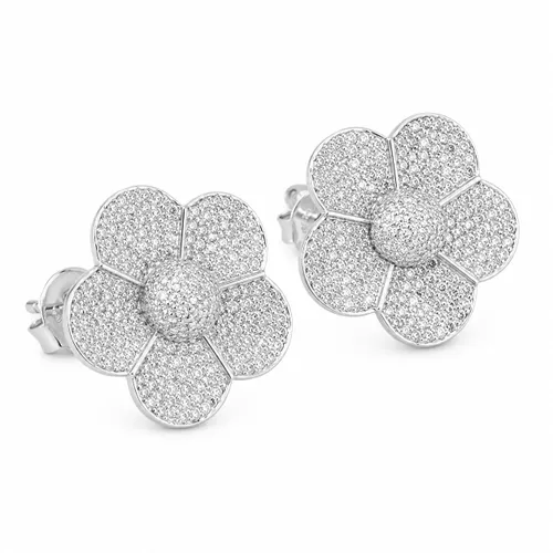 Brinco Flor 5 Pétalas com Zircônias Cravejadas 2 cm em Prata 925