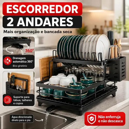Escorredor de Louça Inoxidável 2 Andares Drenagem Automática Bandeja Grande 360o Organizador Pia com Porta Talheres Tigelas Pratos VYROX