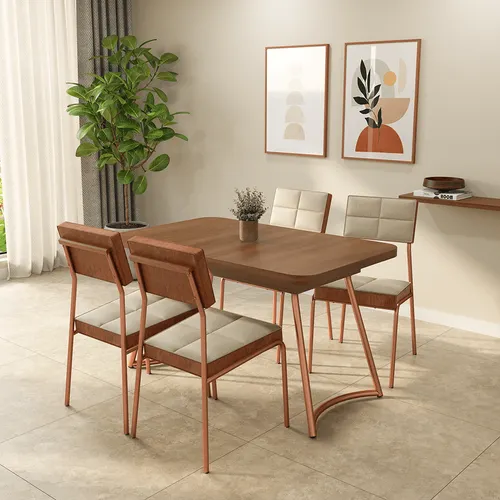 Conjunto Sala de Jantar 4 Cadeiras Belle Carraro Nogal Rosê