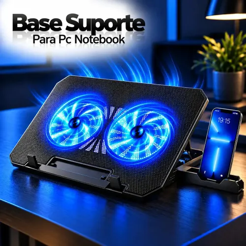 Base Suporte para Pc Notebook Alumínio Portátil Articulado Dobrável Tablet Laptop Mesa Davely Cor Preto com Ventoinhas e Suporte para Celular Refrigerada 2 Cooler Gamer Confortável Home Office