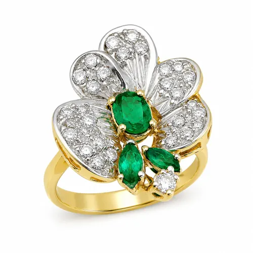 Anel Flor com 3 Esmeraldas e Diamantes em Ouro 18K