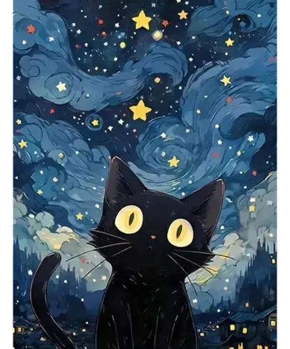 Pintura com Diamantes Gato Paisagem 20x30cm