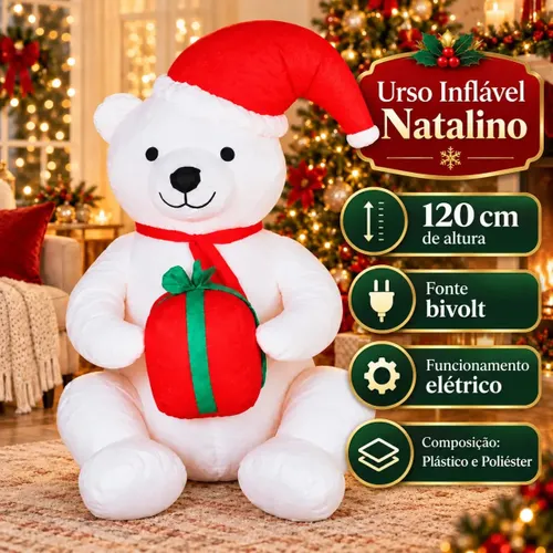 Urso Papai Noel Inflável Gigante 1,20m com Presente LED Bivolt Decoração de Natal Condomínio Empresa Shopping Área Externa Interna Branco