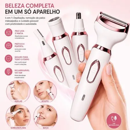Aparador Feminino  4 em 1 Recarregável USB Depilador Sobrancelha Nariz Axila Corpo 500mAh