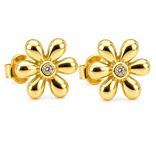 Brinco Flor 8 mm com 2 Brilhantes em Ouro 18K