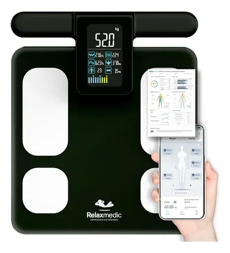 Balança Bioimpedância Corporal Digital 8 Sensores Profissional Bodyscan - Relaxmedic Cor Preto