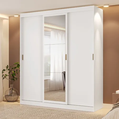 Guarda Roupa Solteiro 3 Portas 4 Gavetas 1 Espelho Branco Fenix