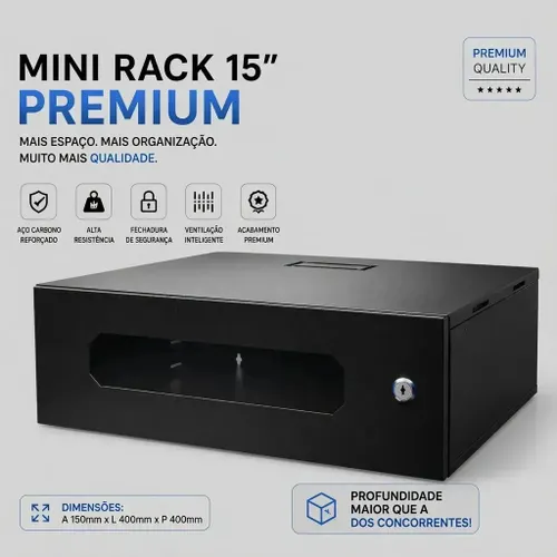 Mini Rack 15 com Chave P/ Dvr Servidor Modem Roteador Cor Preto