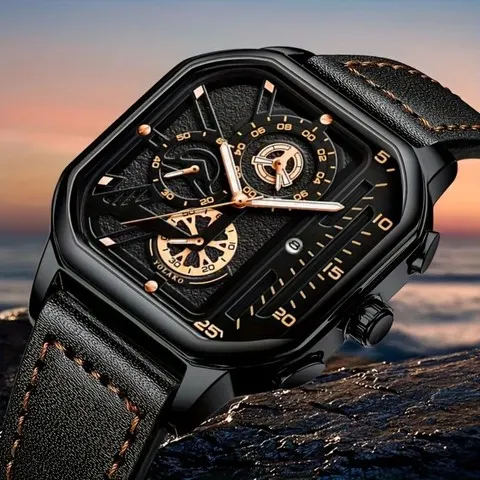Relógio quadrado masculino luxuoso com mostrador grande casual pulseira de couro PU relógios esportivos masculinos