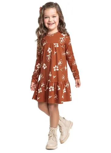Vestido Manga Longa Infantil em Cotton Floral (Marrom) Bee Loop