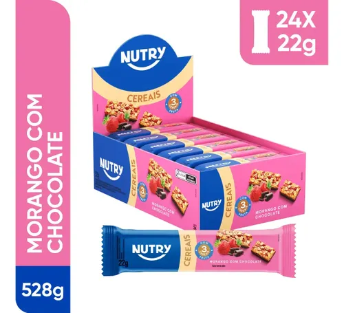 Barra de Cereais Nutry Morango com Chocolate 22g - Display com 24 Unidades - Com 3 Cereais e Fruta