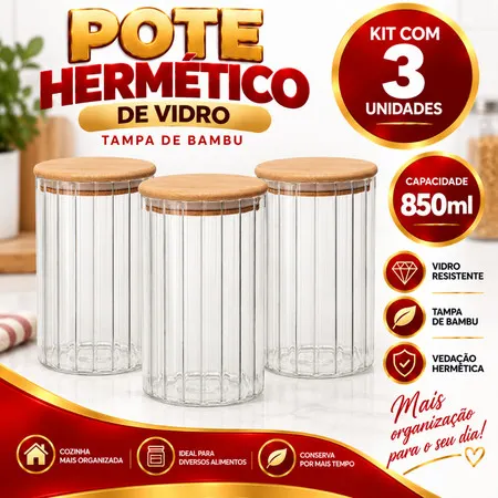 Kit 3 Potes Herméticos Tampa de Bambu Organizador de Mantimentos Transparente com Trava BPA Free