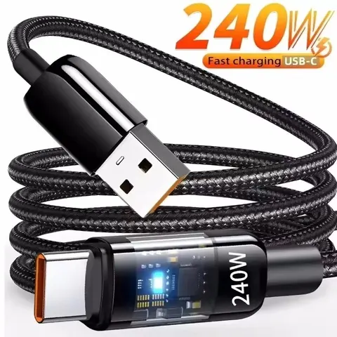 Cabo USB Tipo C de Nylon 240W com Carregamento Super Rápido para Samsung Xiaomi Huawei Honor com Display Digital LED e Carregador Rápido de Dados