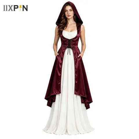 Trajes renascentistas femininos, fantasia de Halloween para mulheres, fantasia medieval vintage com capuz, vestido de cetim com decote alto e corte assimétrico e amarração.