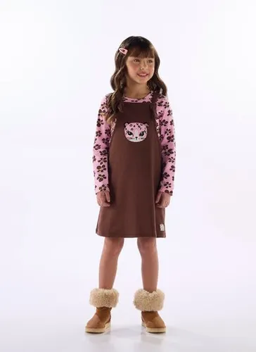 Conjunto Salopete de Moletom Floral Infantil Menina Marrom