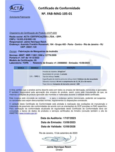 Mangueira de Incêndio Tipo 1 15m 1.1/2 Normatizada ABNT NBR 11861 Hidrante Rede Predial Comercial Condomínio Empresa Indústria Bombeiro Segurança Combate a Incêndio Uso Profissional Acro Incêndio O.T