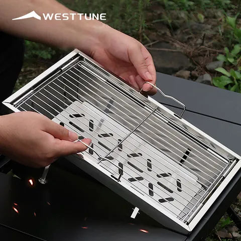 Westtune igt churrasqueira dobrável fogão a lenha aquecedor portátil acampamento piquenique panelas rack de churrasco de aço inoxidável