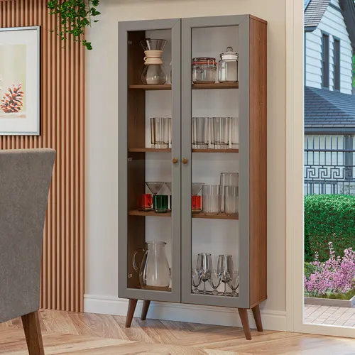 Cristaleira 70 cm 2 Portas de Vidro com Pés Cônicos Rustic/Cinza/Rustic Vik Madesa