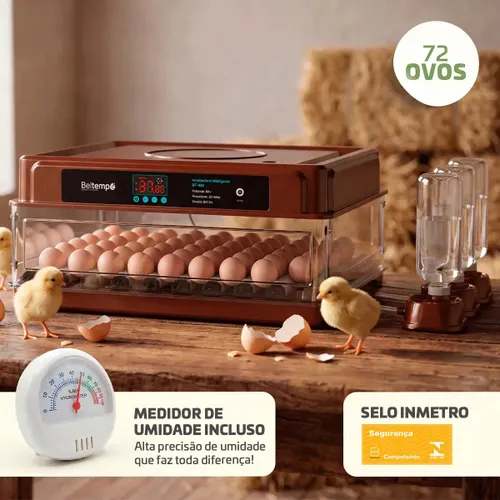 Chocadeira Automática 72 Ovos com Medidor de Umidade Lavável Bivolt Ovoscópio Certificada Inmetro BT-420 Beltempo