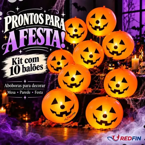 Kit 10 Balões de Abóbora Halloween com Led Bexigas Iluminadas para Decoração de Festa Mesa Parede e Ambiente Temático Dia das Bruxas para Pendurar Enfeite Laranja Redfin