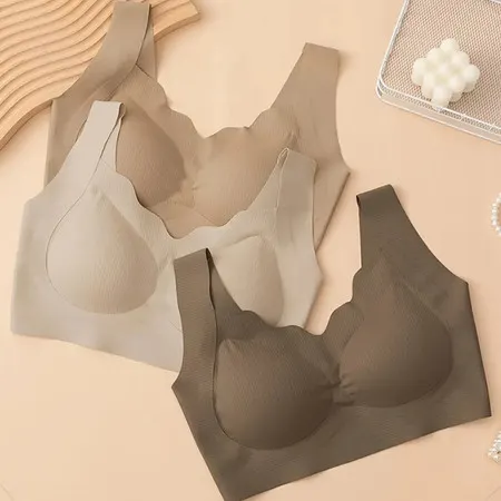 Top Sutiã Feminino sem Costura Bordas de Ondas Alça Grossa Sutiã sem Costura com Bojo Removível