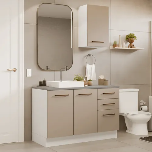 Conjunto Gabinete para Banheiro 120cm 3 Portas 3 Gavetas Branco/Crema Agata Madesa 01