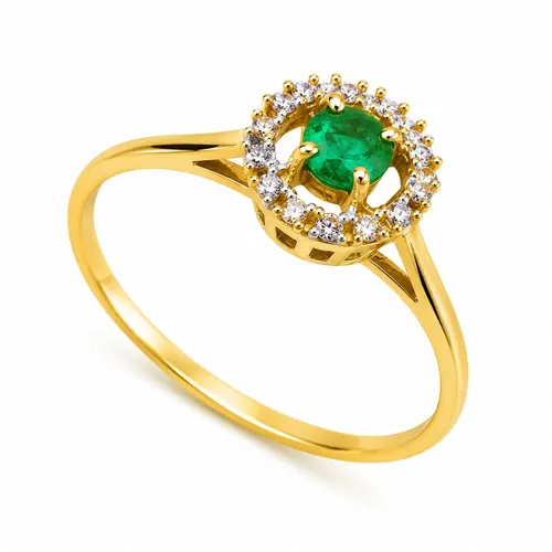 Anel Redondo 7 mm com Esmeralda e Diamantes em Ouro 18K