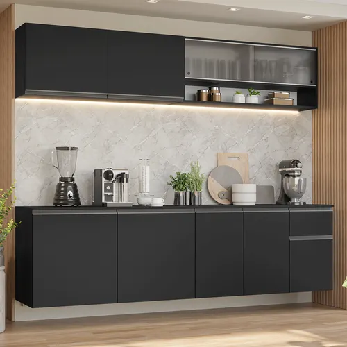 Armário de Cozinha Completa 240 cm Suspensa Preto Nice Madesa 04