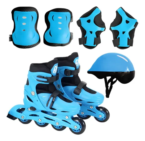 Patins C/ Proteção 30 ao 41 Menino Azul Ajustável Infantil Tamanho dos Patins M (34 37)