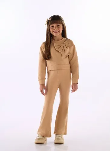 Conjunto infantil blusão com laço e calça flare Marrom