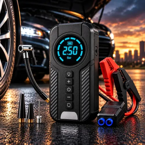 Auxiliar de Partida Bateria Carro Compressor de Ar Portátil 12V 4 funções em 1 Inflador Digital Calibrador Pneu Power Bank Lanterna LED Emergência Automotiva Moto SUV Bicicleta Caminhonete MidiaFone