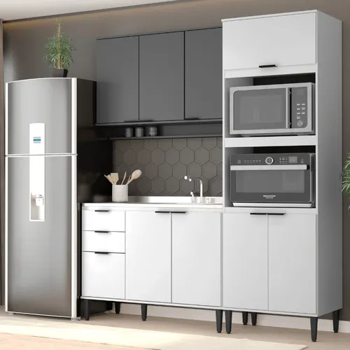 Armário de Cozinha Completa Miami Slim Branco com Cinza Titânio