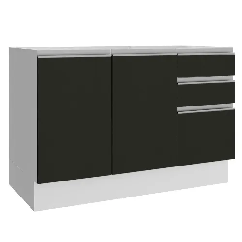 Balcão Gabinete de Pia Madesa Glamy 120 cm 2 Portas e 3 Gavetas (Sem Tampo e Pia) Branco/Preto