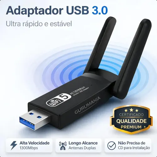 Adaptador Wifi Usb 3.0 Placa de Rede para Computador Pc Notebook Dual Band 1300Mbps Gigabit 2 Antenas - Gurumania