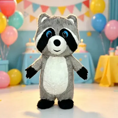 Fantasia de Mascote de Guaxinim Inflável de Pelúcia Cinza para Halloween, Natal, Festa Divertida, Role Play, Performance de Rua e Fantasias de Boneca