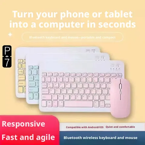 Conjunto de teclado e rato sem fios Bluetooth, compatível com diversos sistemas para tablets e telemóveis com função Bluetooth.