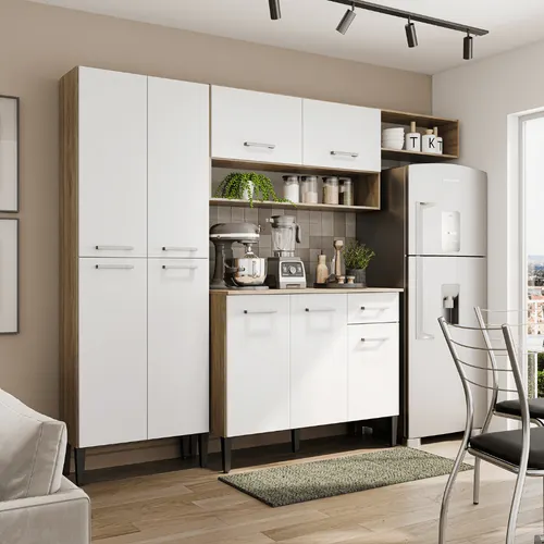 Armário de Cozinha Compacta c/ Balcão Arizona Glam Carraro Carvalho com Branco